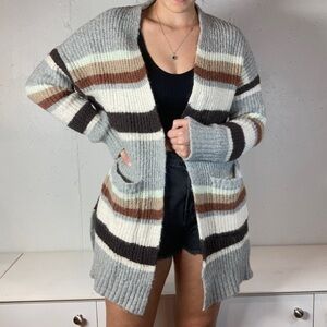 Neutral Striped Knit Cardigan Sweater